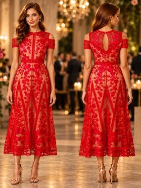 Marchesa Notte Red Floral Embroidered Lace Dress - Size 4 - Petite Tea Length